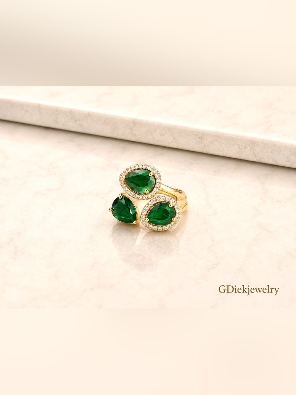 Goldfilled Adjustable  Triple Pear Emerald Ring with Pavé Halos